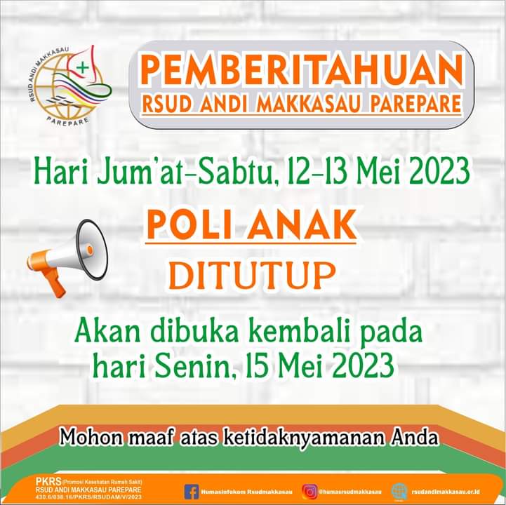 RSUD Andi Makkasau Umumkan Poli Anak Tutup Jumat dan Sabtu, Senin Kembali Buka